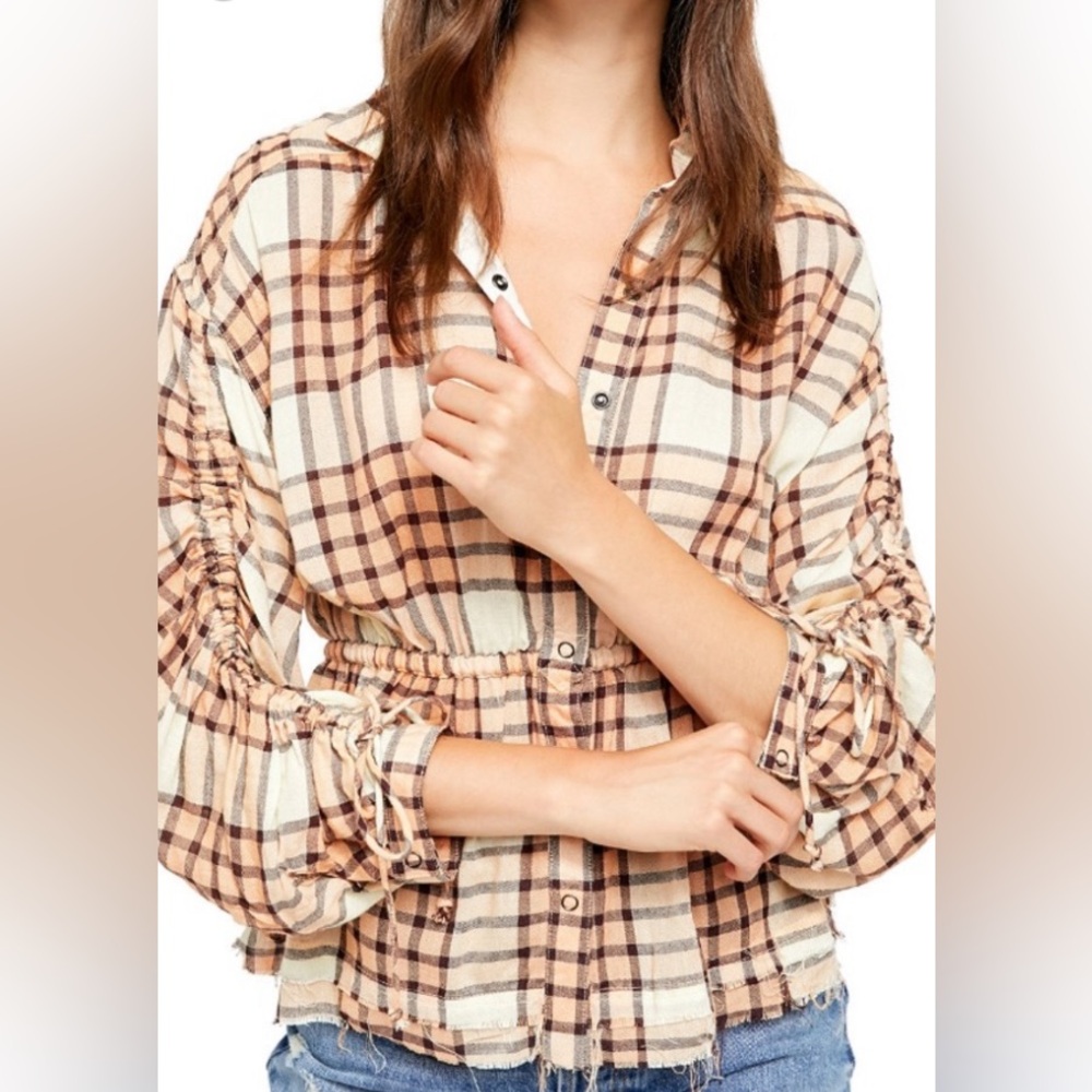 Free People Peach Tree Combo Long Sleeve Snap Up Shirt Size M New With Tags